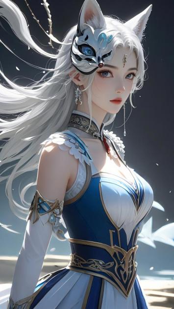 狐耳仙姬写真：蓝白战甲飘雪飞发