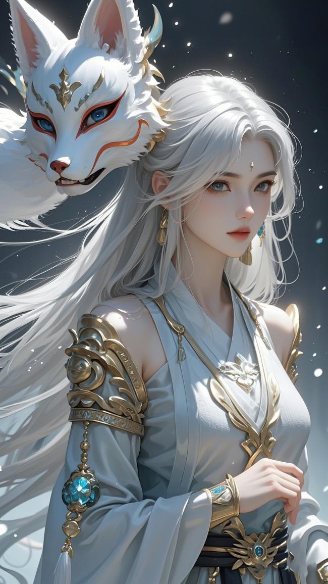 银发仙子伴九尾狐面具，仙侠玄幻风唯美写真