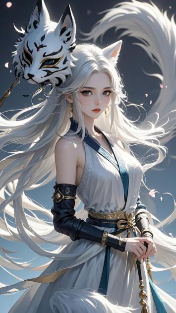 银发狐妖少女古风写真，仙气飘飘持狐面面具