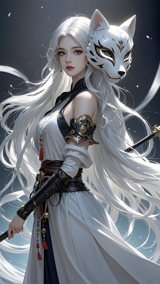 银发狐面女战神，仙侠玄幻风写实插画
