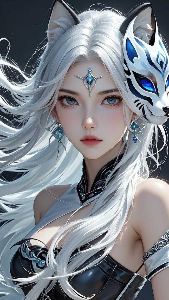 银发狐女仙侠插画，冷光金属战甲造型