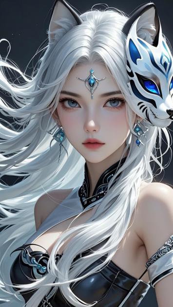 银发狐女仙侠插画，冷光金属战甲造型