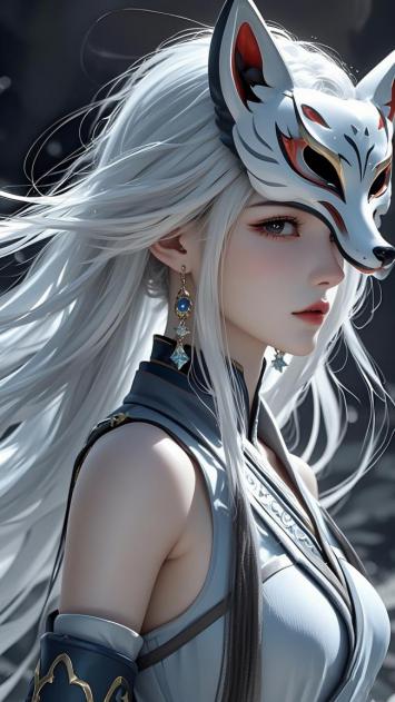 银发狐面仙侠女战士，写实风格角色肖像