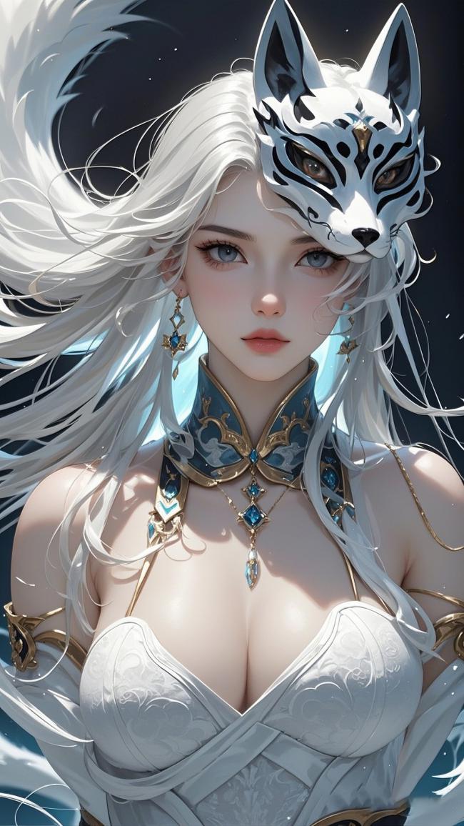 白发狐面少女奇幻插画