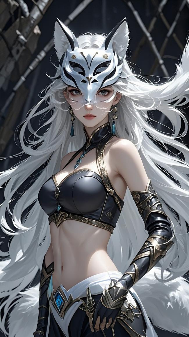 白发狐面女战士赛博朋克插画