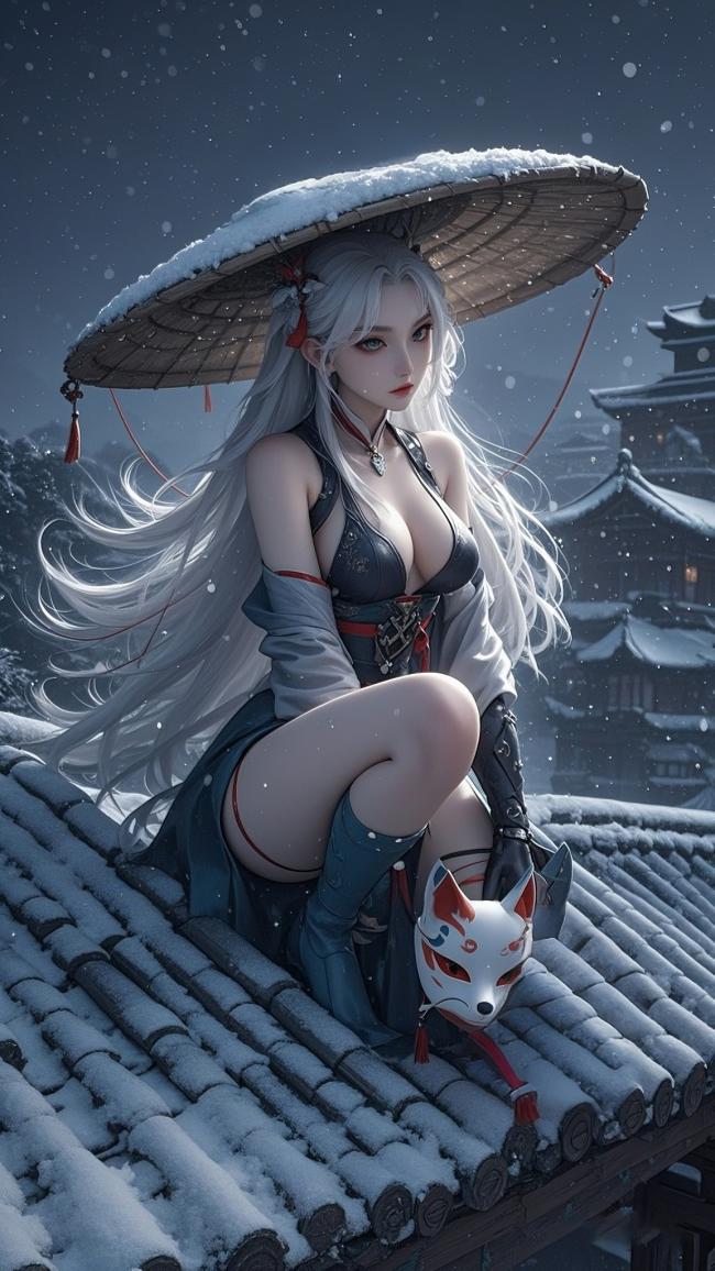 雪夜古风仙侠少女坐檐持狐面