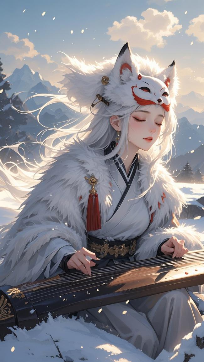 雪山狐女抚琴图：新国潮奇幻美学巅峰