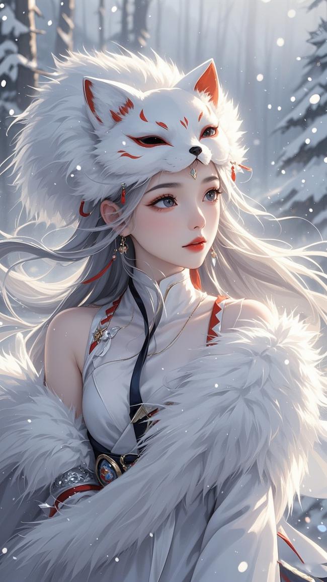 一位身着白色狐灵主题汉服的少女，头戴精致狐耳面具，面具上有红色纹路装饰，银色长发