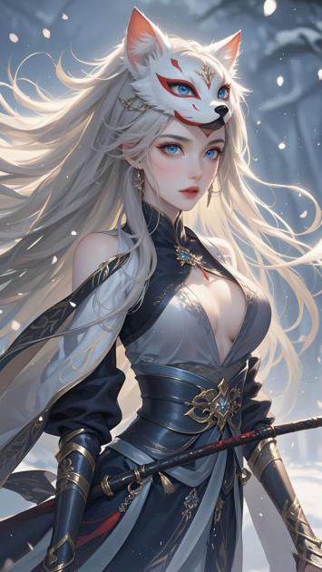 狐面仙姬雪中持剑图