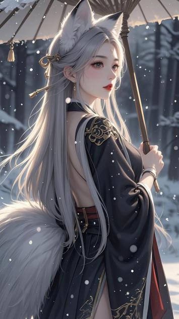雪中狐仙持伞图，古风仙侠唯美插画