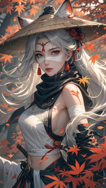 银发狐耳仙侠少女枫叶飘零图