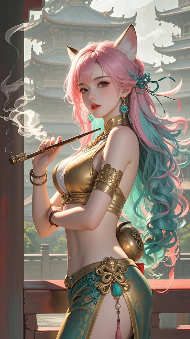 仙狐持烟立古宫，粉蓝发丝映金甲