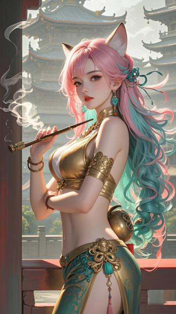 仙狐持烟立古宫，粉蓝发丝映金甲