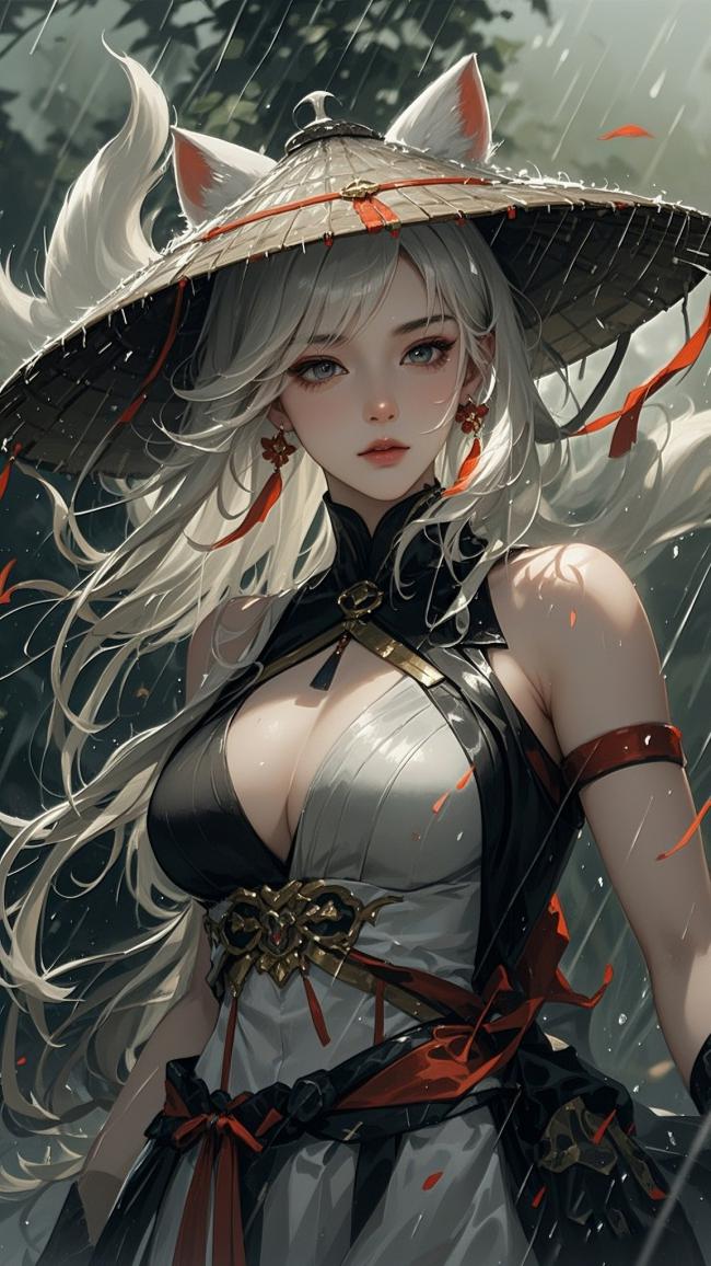 雨中狐耳女武士赛璐璐插画