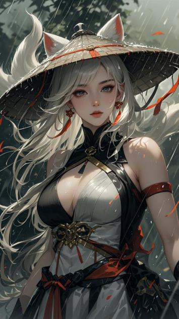 雨中狐耳女武士赛璐璐插画