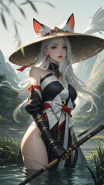 银发狐耳少女持剑立水间，东方仙侠风插画