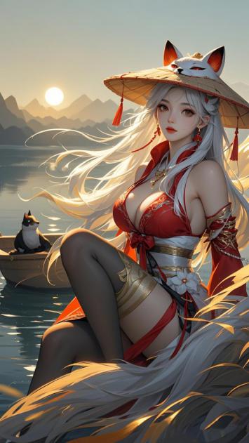狐耳少女湖畔夕照图