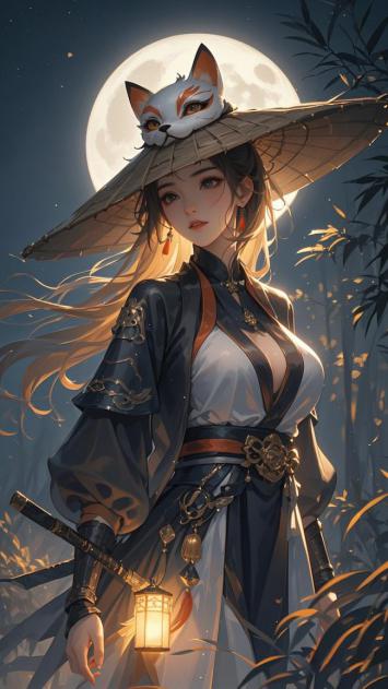 月夜竹林狐面少女汉服插画