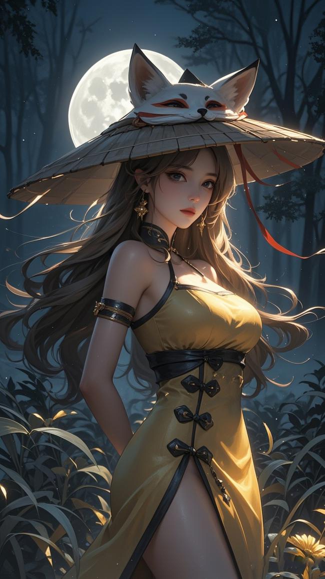 月夜狐面少女动漫插画