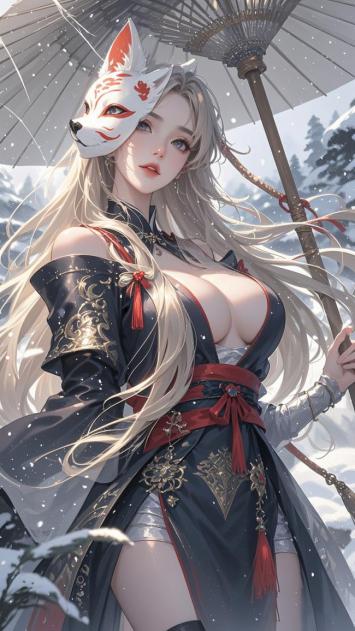 雪中狐女持伞立，仙侠玄幻风立绘
