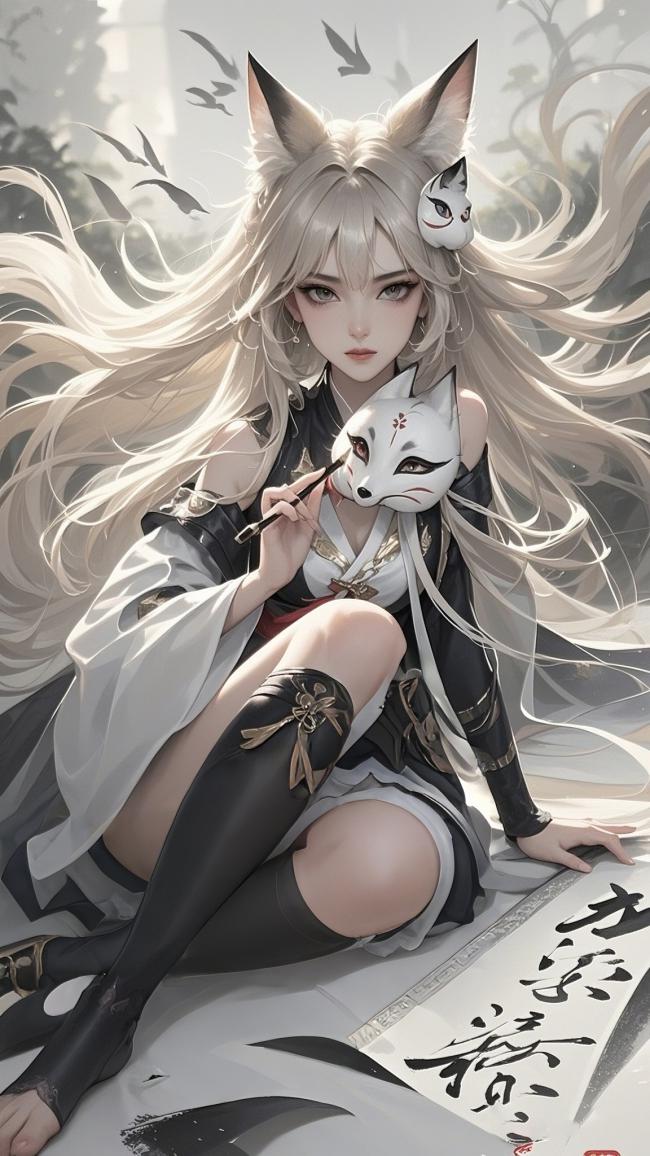 银发狐仙少女持笔绘狐面，和风动漫唯美插画