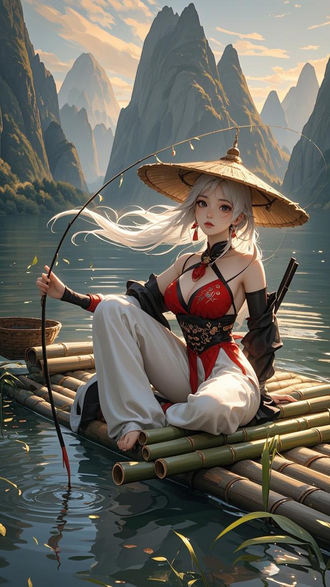 仙侠少女竹筏垂钓·水墨山水画卷