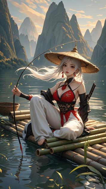 仙侠少女竹筏垂钓·水墨山水画卷