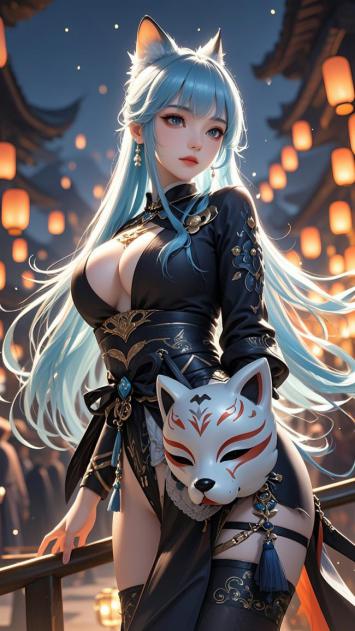 蓝发狐妖少女古风写真，灯笼夜景氛围感十足