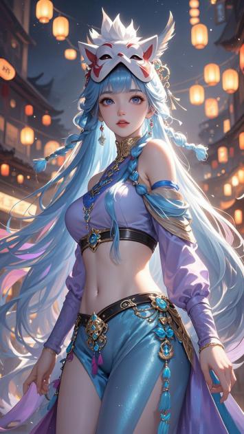 蓝发狐面仙子立于灯笼古街，3D渲染仙侠风绝美插画