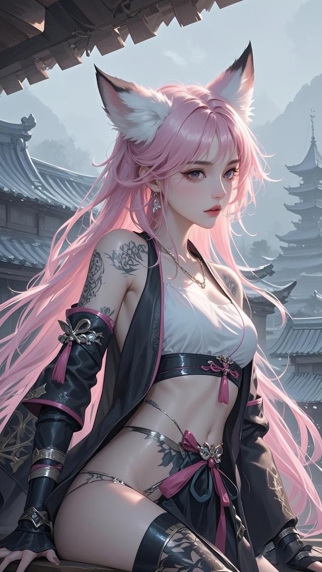 粉发狐耳仙侠少女插画，古风战衣映山景