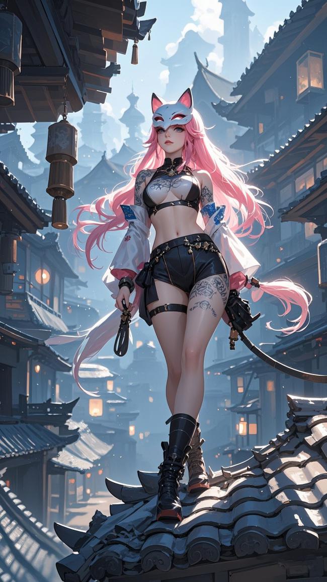 狐耳少女立于古檐，仙侠玄幻风视觉盛宴