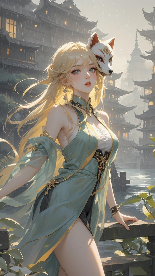 雨中仙狐少女·古风工笔重彩插画