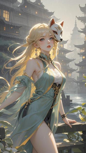 雨中仙狐少女·古风工笔重彩插画