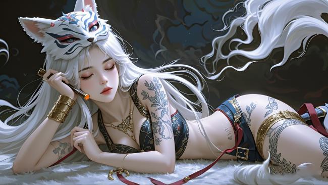 白发狐妖少女3D渲染图，暗夜神秘风情 ✨