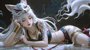 白发狐妖少女3D渲染图，暗夜神秘风情 ✨