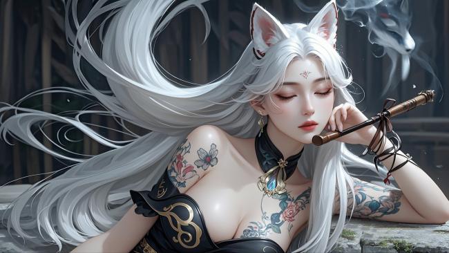 银发狐耳少女·水墨玄幻插画