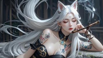 银发狐耳少女·水墨玄幻插画