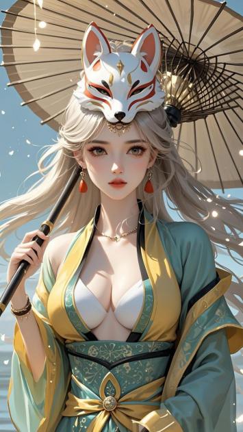 狐面汉服少女持伞插画