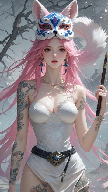 狐面仙姬持笔立雪图