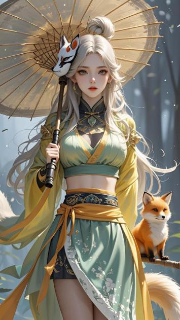 古风仙侠少女持狐伞伴狐立林间