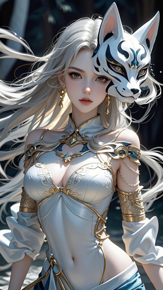 银发狐面仙侠少女，华服光影梦幻场景