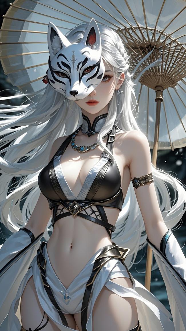 白发狐妖少女赛博玄幻插画