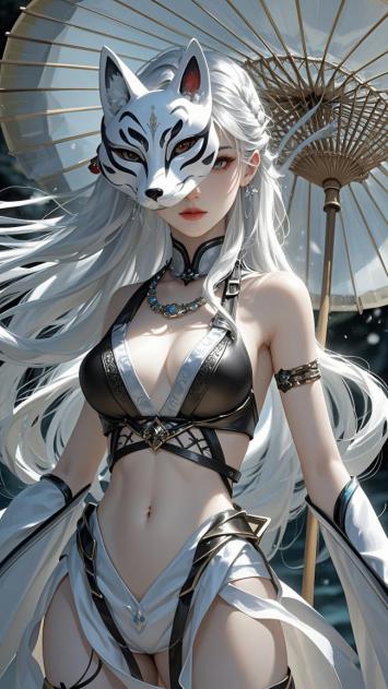 白发狐妖少女赛博玄幻插画