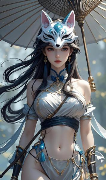 狐面仙姬持伞立绘，仙侠玄幻风角色设计