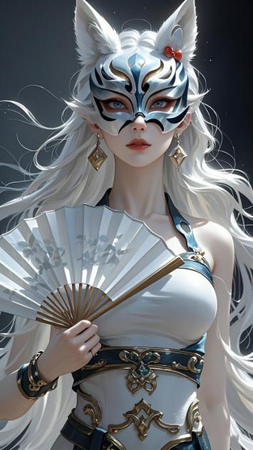 白狐战姬持扇立像 3D写实插画