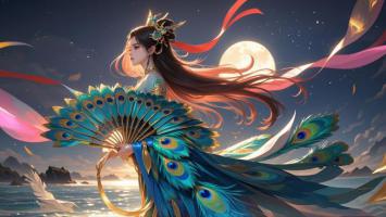 月下孔雀仙子海畔飞舞图