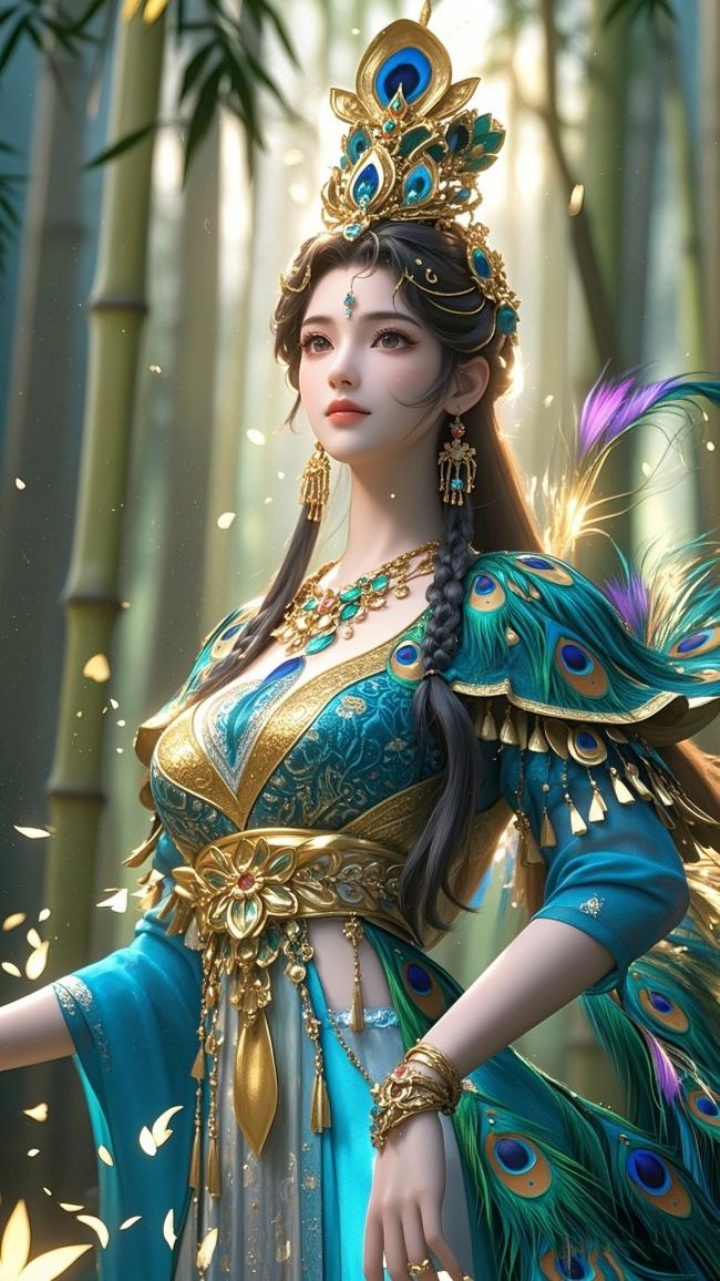孔雀仙子立竹林，工笔重彩显华贵