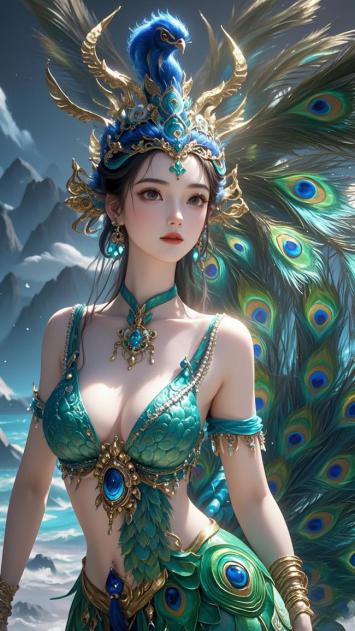 孔雀仙子雪山立像：神话华服与羽翼辉映