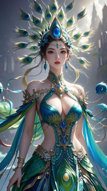 孔雀仙子写实插画，华服熠熠生辉