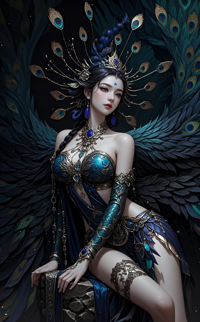 孔雀神女奇幻写真：蓝金华服配羽翼